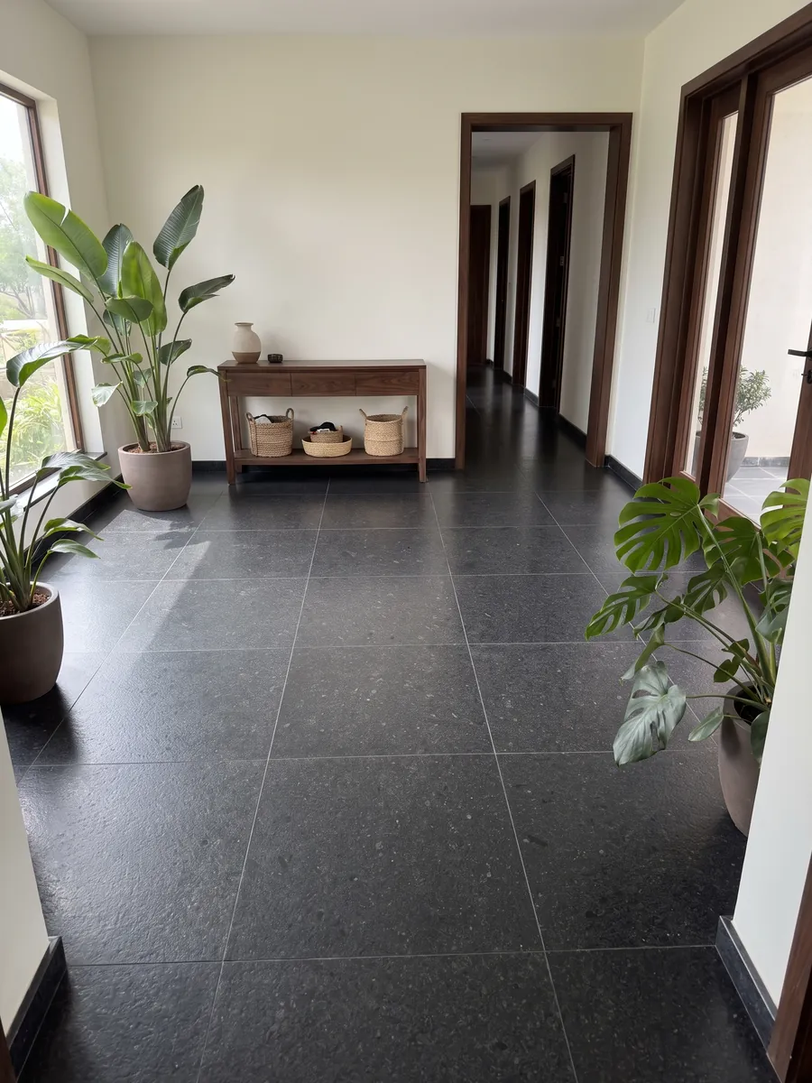 Piso de recibidor en placas grandes de Granito Negro San Gabriel con luz natural: negro profundo de grano medio con motas gris oscuro que se ven de cerca