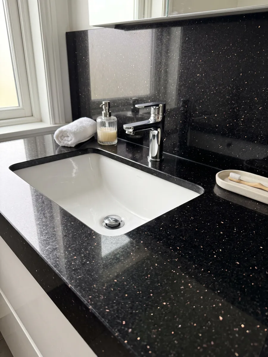 Cubierta de lavabo y pared de baño en granito negro Star Galaxy con lavamanos blanco y grifería cromada: negro con pequeños puntos dorados que brillan