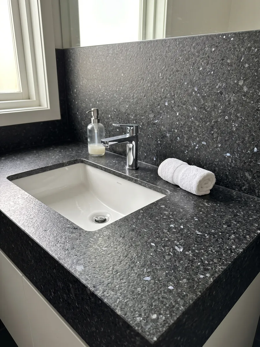 Cubierta de lavabo y pared de baño en granito negro Stargate con lavamanos blanco y grifería cromada: gris antracita granulado con cristales grises y violáceos