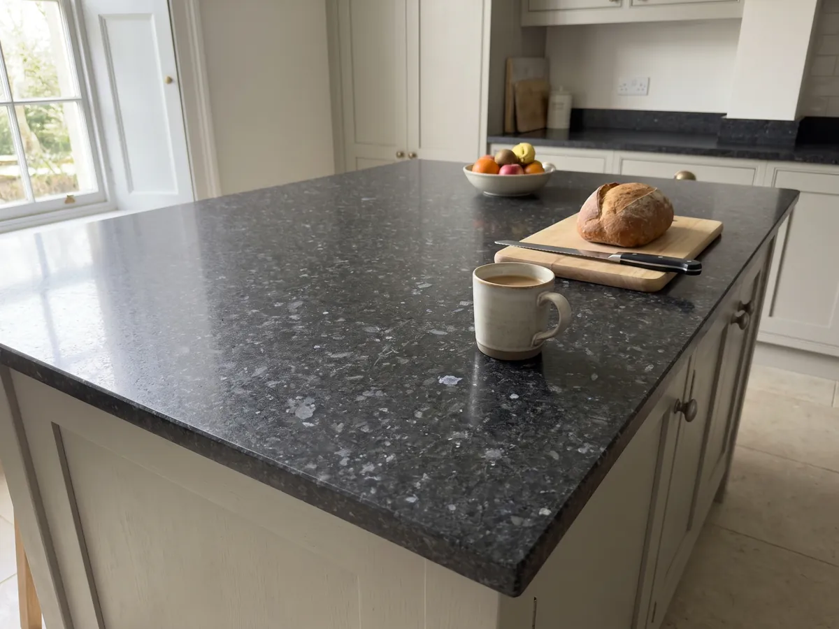 Isla de cocina con cubierta de granito negro Stargate y canto recto en una cocina con luz natural: gris antracita granulado con cristales grises y violáceos