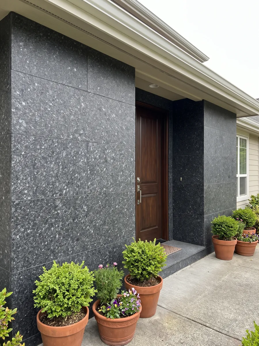 Fachada de casa revestida con granito negro Stargate junto a una puerta de madera: gris antracita granulado con cristales grises y violáceos