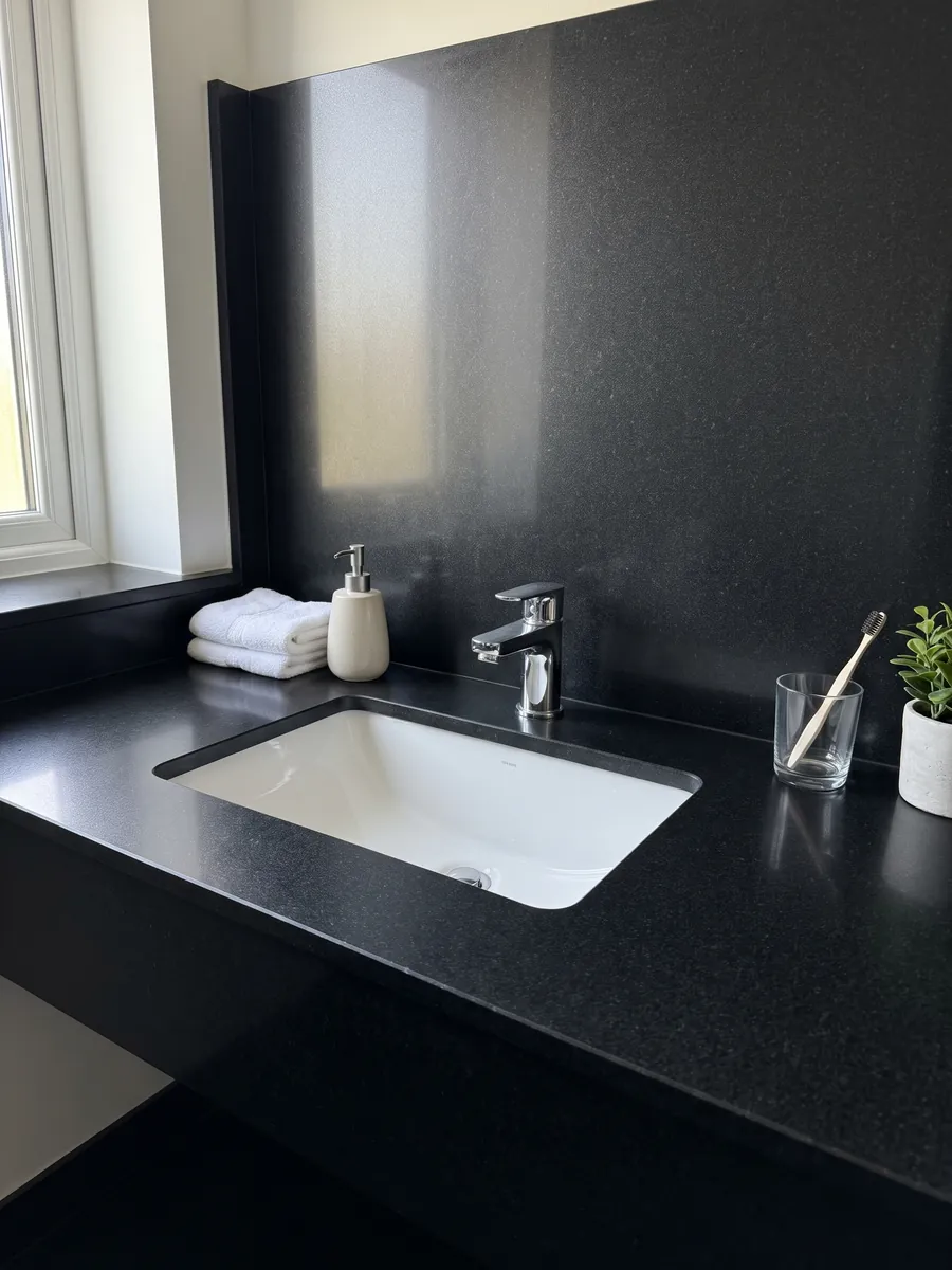 Cubierta de lavabo y pared de baño en granito negro Titanium Black con lavamanos blanco y grifería cromada: negro casi liso y homogéneo, con un grano finísimo que solo se nota de cerca