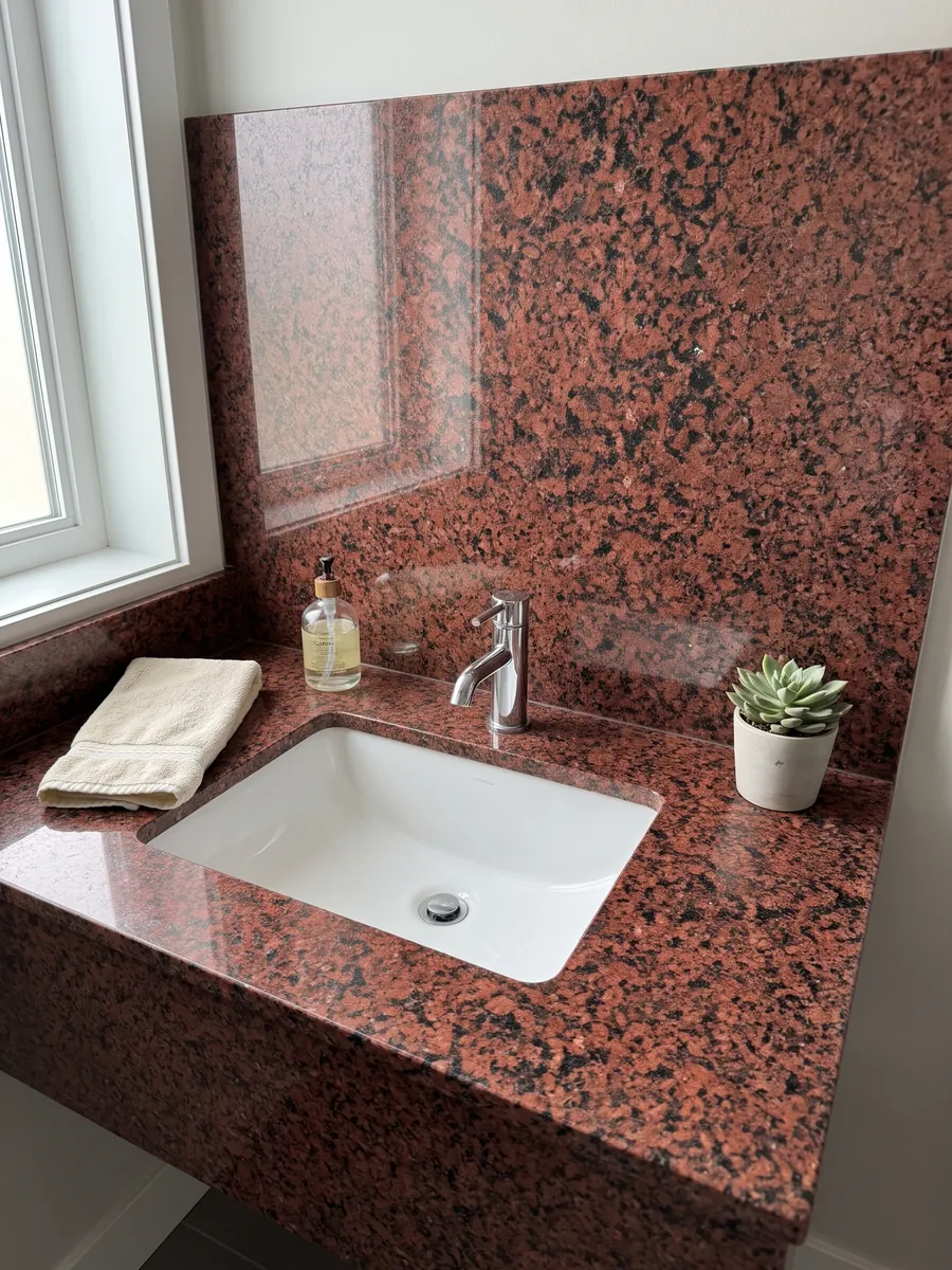 Cubierta de lavabo y pared de baño en granito rojo Balmoral Red con lavamanos blanco y grifería cromada: rojo intenso granulado con puntos negros repartidos
