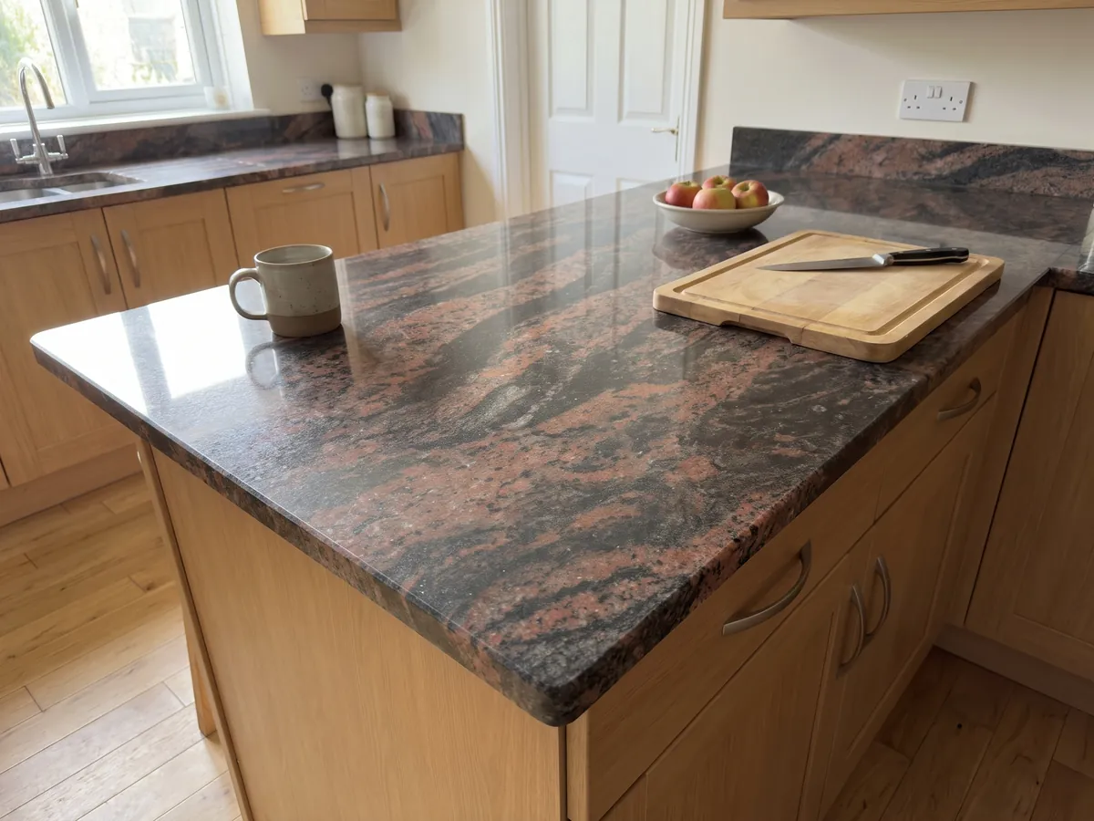 Isla de cocina con cubierta de granito rojo Indian Aurora y canto recto en una cocina con luz natural: ondas de color coral y gris oscuro en diagonal