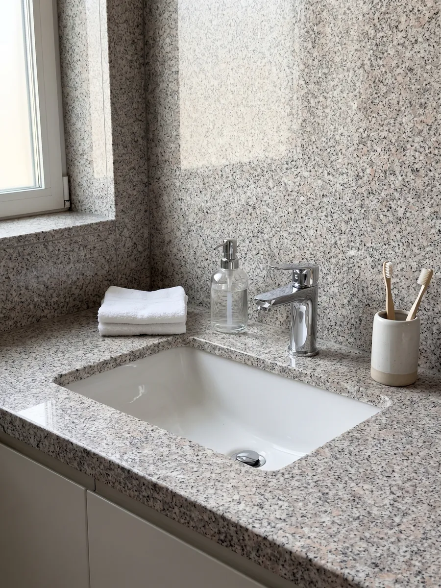 Cubierta de lavabo y pared de baño en Granito Rosa Beta con lavamanos blanco y grifería cromada: grano blanco con puntos rosa pálido y negros