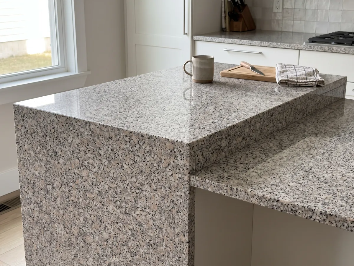 Isla de cocina con cubierta de Granito Rosa Beta y canto recto en una cocina con luz natural: grano blanco con puntos rosa pálido y negros