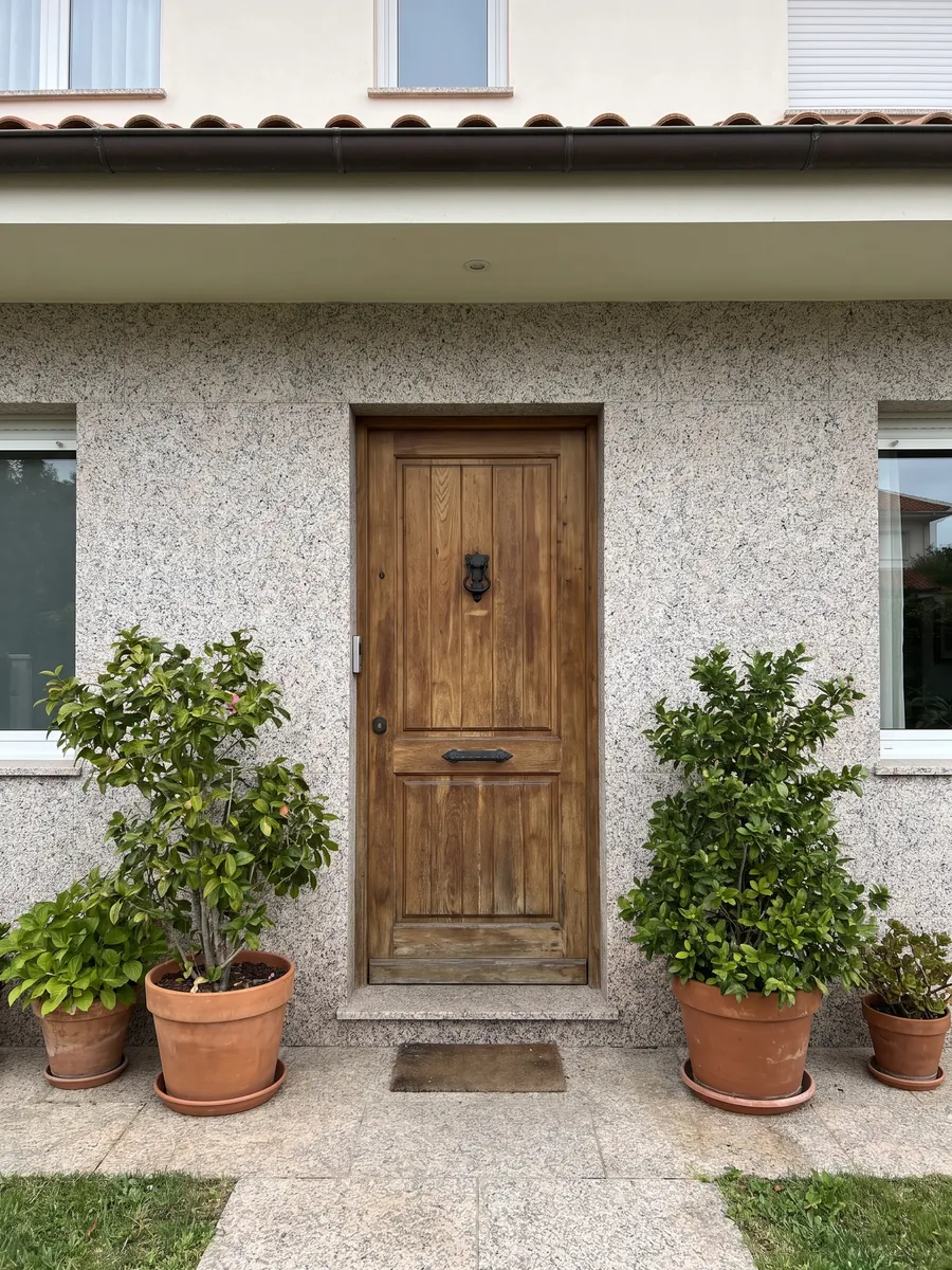 Fachada de casa revestida con Granito Rosa Beta junto a una puerta de madera: grano blanco con puntos rosa pálido y negros