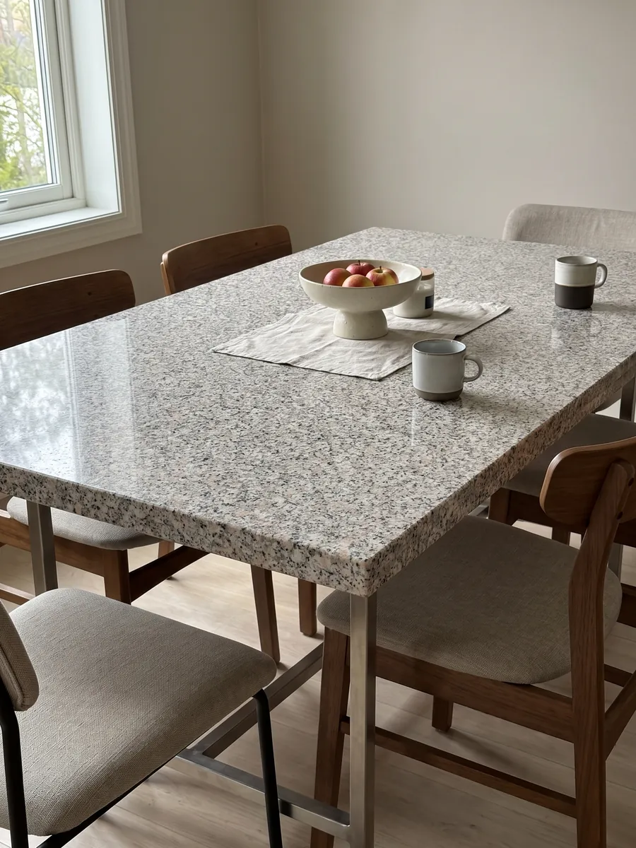 Mesa de comedor con cubierta de Granito Rosa Beta sobre base de acero: grano blanco con puntos rosa pálido y negros