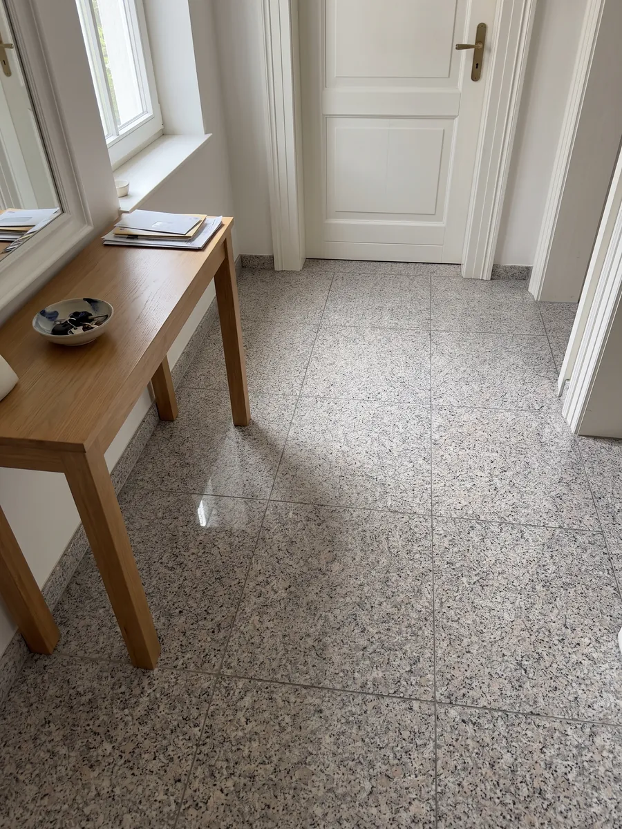 Piso de recibidor en placas grandes de Granito Rosa Beta con luz natural: grano blanco con puntos rosa pálido y negros