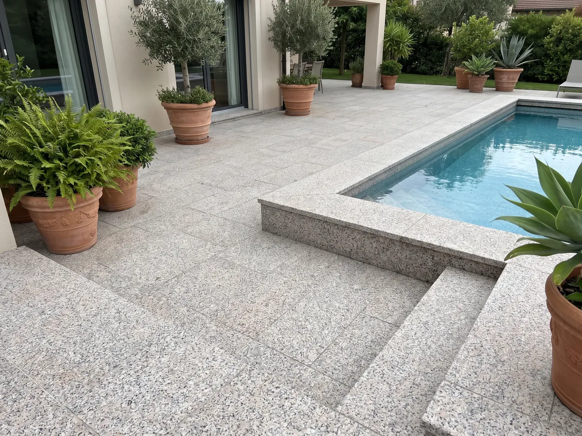 Piso de terraza y borde de piscina en Granito Rosa Beta con macetas: grano blanco con puntos rosa pálido y negros