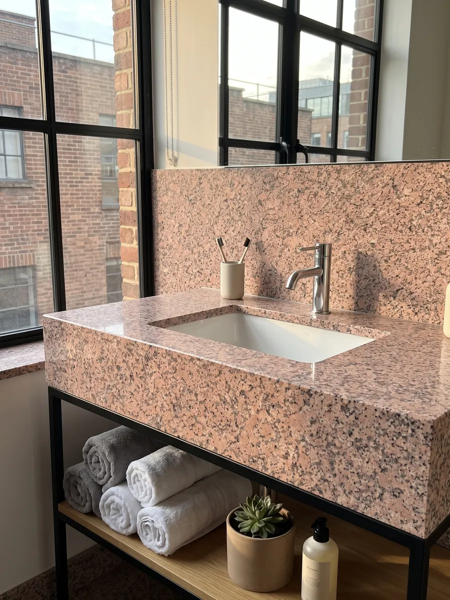 Cubierta de lavabo y pared de baño en Granito Rosa de Salto con lavamanos blanco y grifería cromada: rosado moteado con puntos gris oscuro y blancos