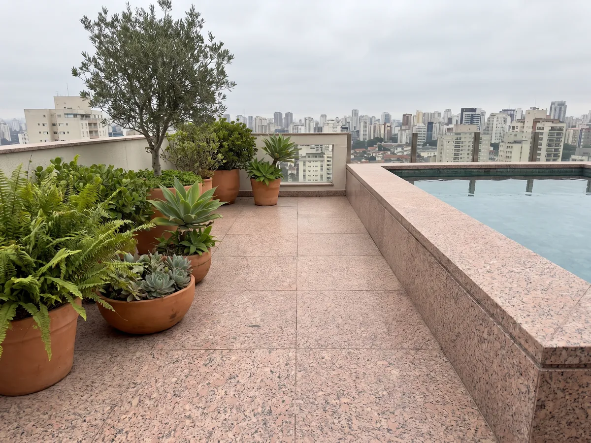 Piso de terraza y borde de piscina en Granito Rosa de Salto con macetas: rosado moteado con puntos gris oscuro y blancos