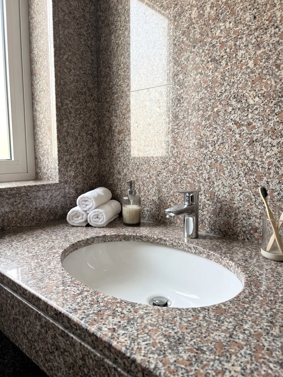 Cubierta de lavabo y pared de baño en granito rosa Limbara con lavamanos blanco y grifería cromada: grano rosado marrón con cristales blancos y negros