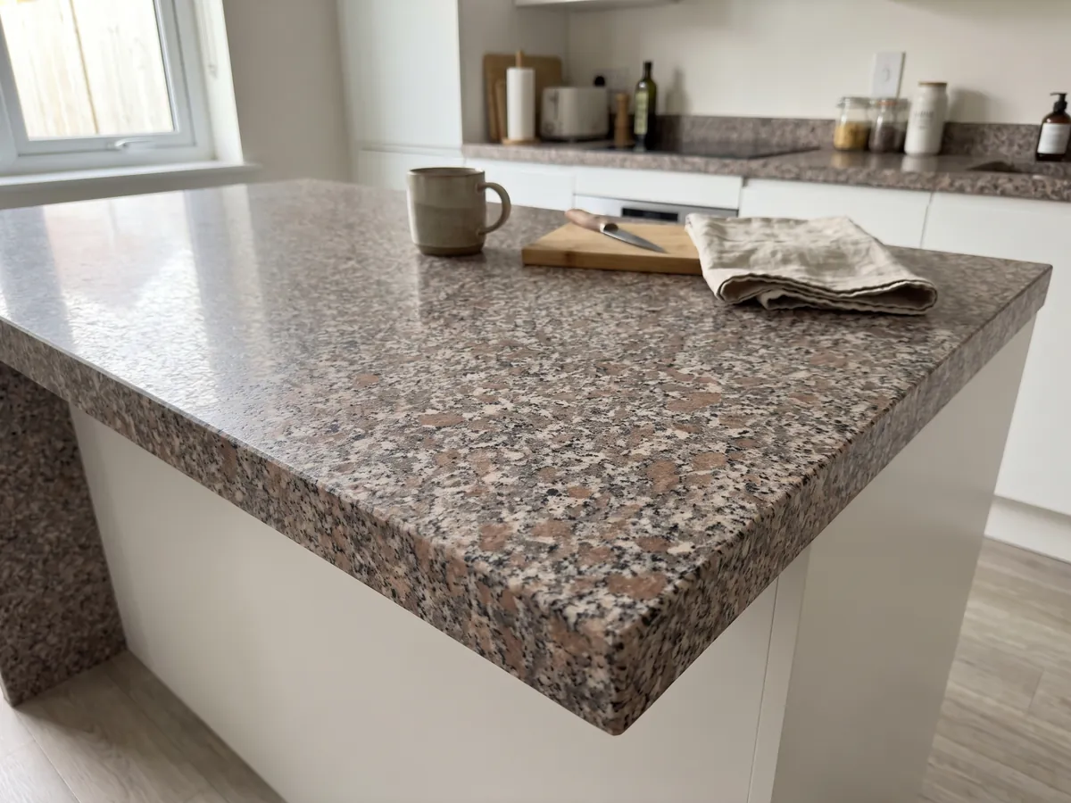 Isla de cocina con cubierta de granito rosa Limbara y canto recto en una cocina con luz natural: grano rosado marrón con cristales blancos y negros
