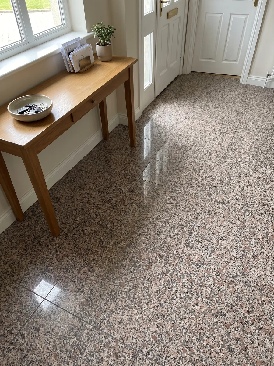 Piso de recibidor en placas grandes de granito rosa Limbara con luz natural: grano rosado marrón con cristales blancos y negros
