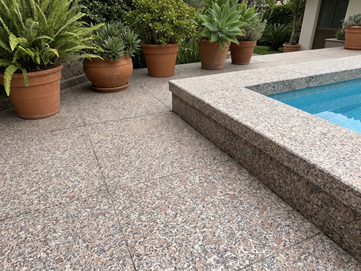 Piso de terraza y borde de piscina en granito rosa Limbara con macetas: grano rosado marrón con cristales blancos y negros