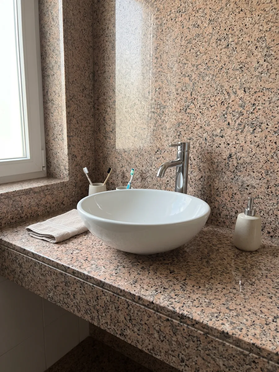Cubierta de lavabo y pared de baño en Granito Rosa Porriño con lavamanos blanco y grifería cromada: rosa salmón granulado con puntos negros