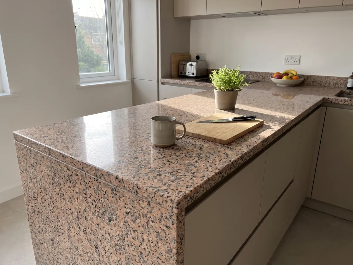 Isla de cocina con cubierta de Granito Rosa Porriño y canto recto en una cocina con luz natural: rosa salmón granulado con puntos negros