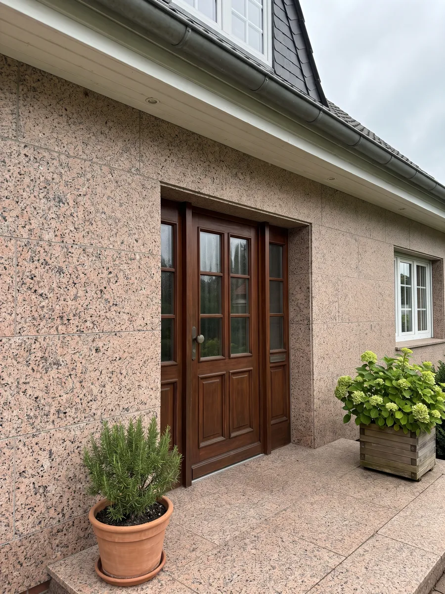 Fachada de casa revestida con Granito Rosa Porriño junto a una puerta de madera: rosa salmón granulado con puntos negros