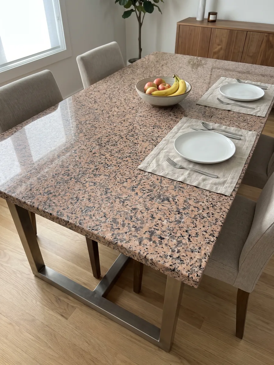 Mesa de comedor con cubierta de Granito Rosa Porriño sobre base de acero: rosa salmón granulado con puntos negros