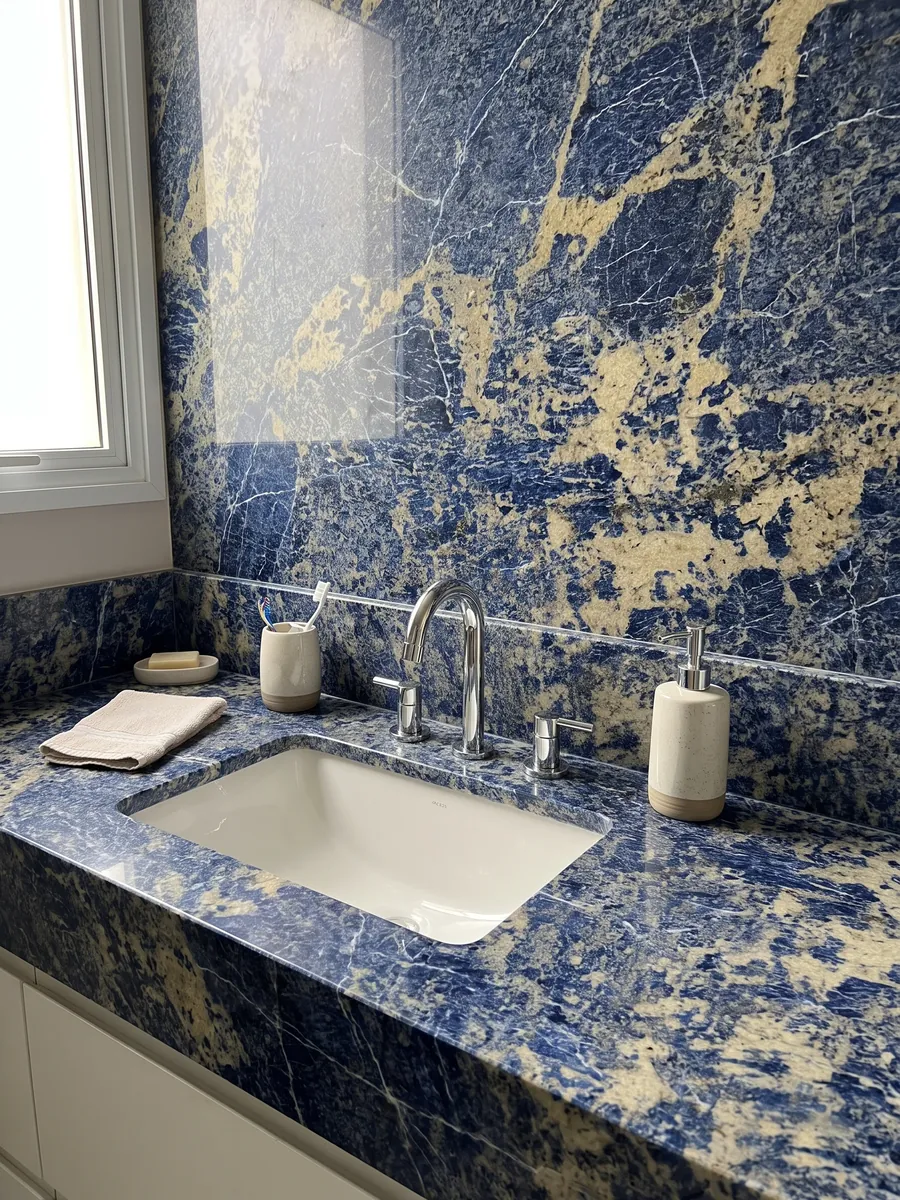 Cubierta de lavabo y pared de baño en Granito Sodalita Azul con lavamanos blanco y grifería cromada: azul intenso con zonas beige amarillentas irregulares