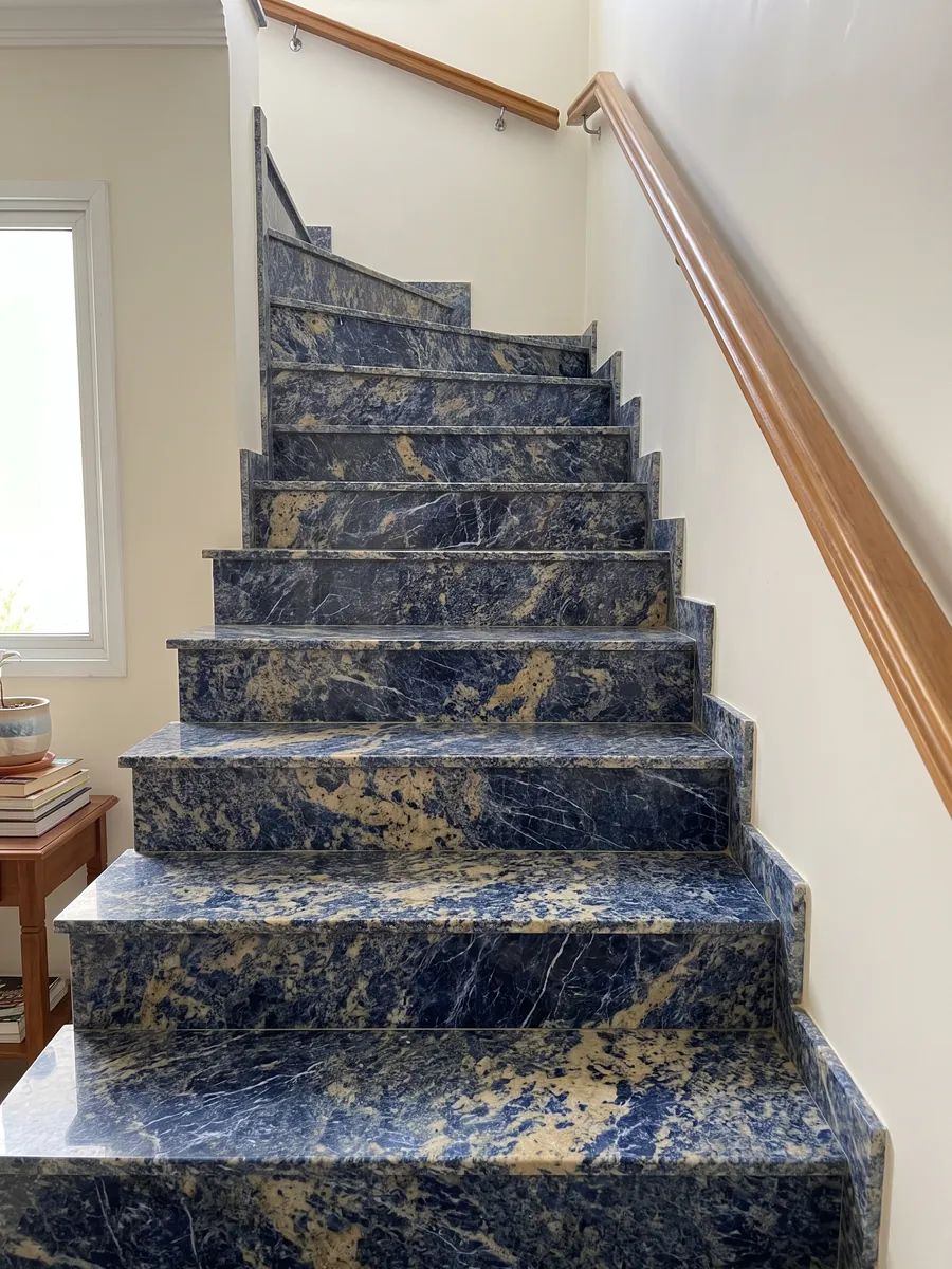 Escalera interior con peldaños de Granito Sodalita Azul con pasamanos: azul intenso con zonas beige amarillentas irregulares
