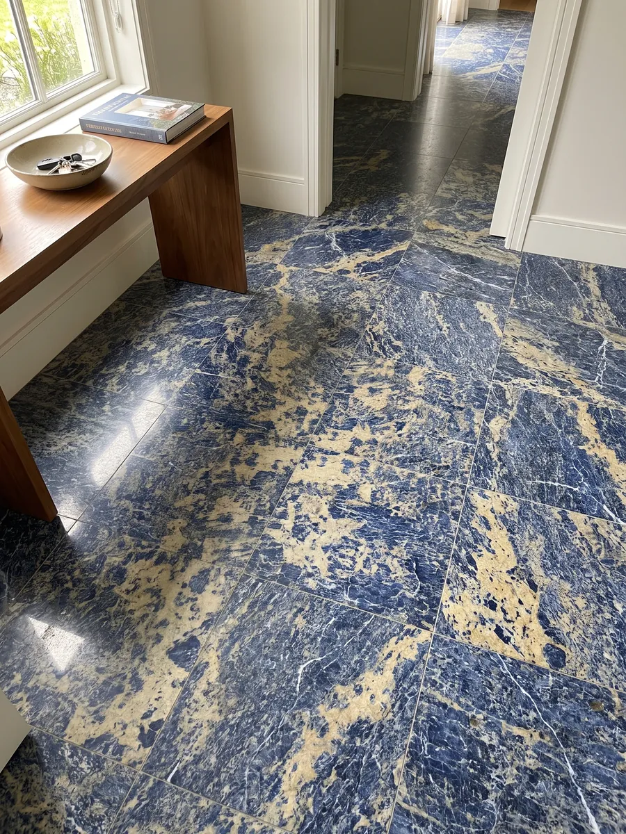 Piso de recibidor en placas grandes de Granito Sodalita Azul con luz natural: azul intenso con zonas beige amarillentas irregulares