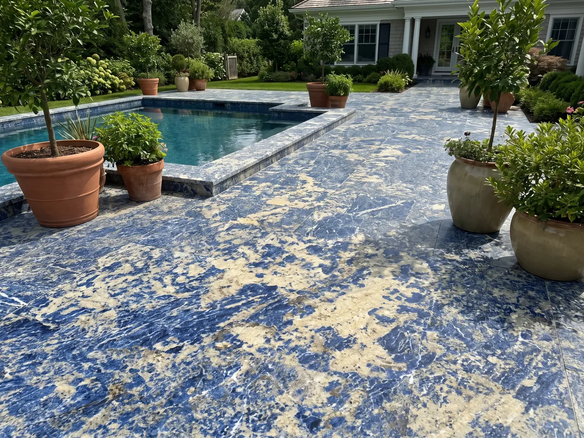 Piso de terraza y borde de piscina en Granito Sodalita Azul con macetas: azul intenso con zonas beige amarillentas irregulares