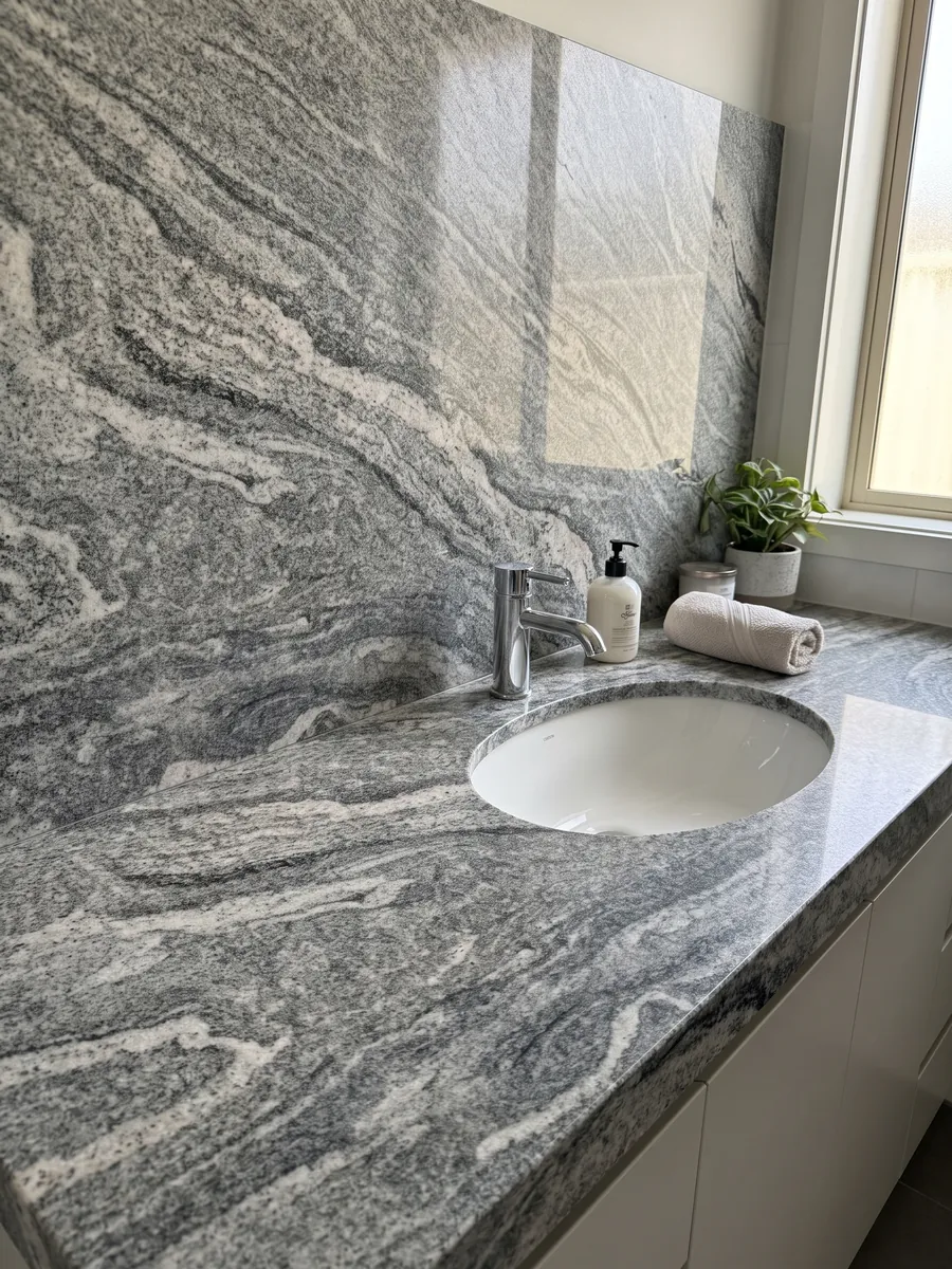 Cubierta de lavabo y pared de baño en Granito Verde Marina con lavamanos blanco y grifería cromada: bandas ondulantes blancas y grises de grano visible; en la foto no se aprecian tonos verdes
