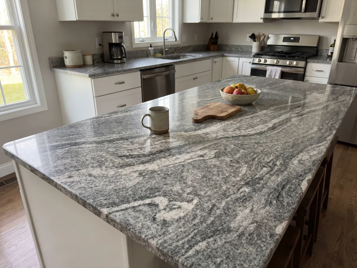 Isla de cocina con cubierta de Granito Verde Marina y canto recto en una cocina con luz natural: bandas ondulantes blancas y grises de grano visible; en la foto no se aprecian tonos verdes
