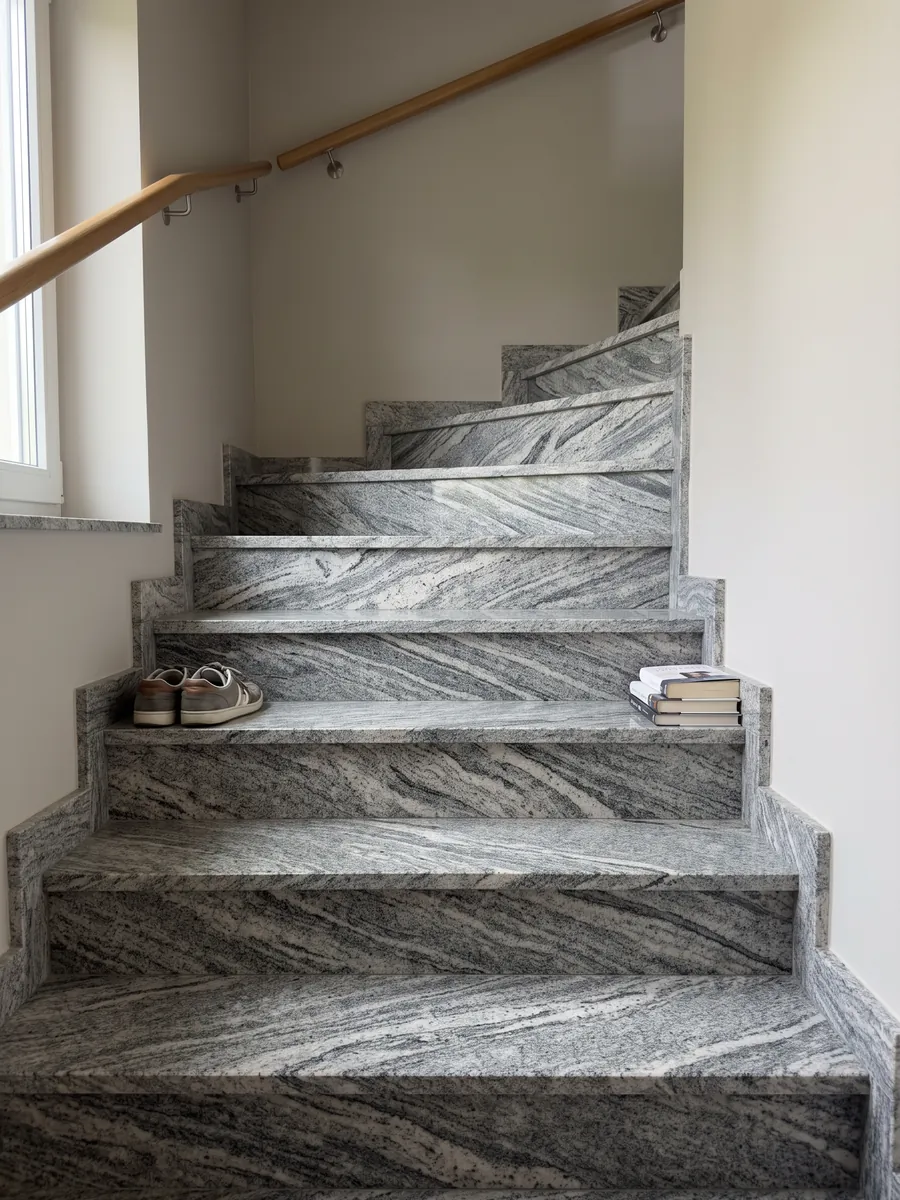 Escalera interior con peldaños de Granito Verde Marina con pasamanos: bandas ondulantes blancas y grises de grano visible; en la foto no se aprecian tonos verdes