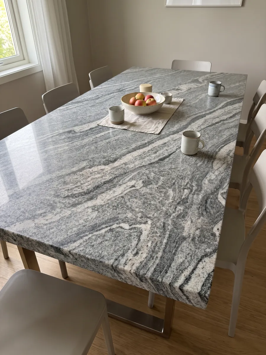 Mesa de comedor con cubierta de Granito Verde Marina sobre base de acero: bandas ondulantes blancas y grises de grano visible; en la foto no se aprecian tonos verdes