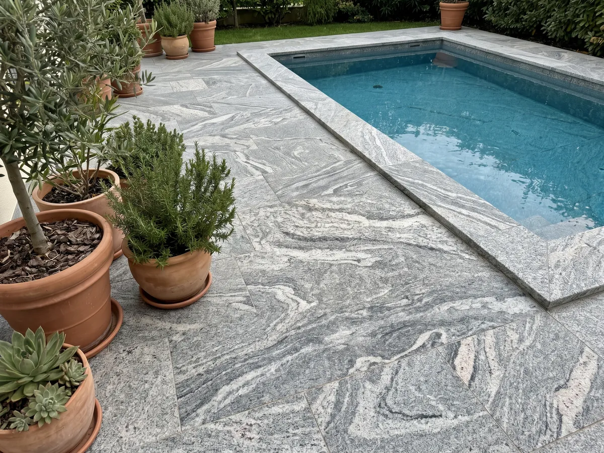 Piso de terraza y borde de piscina en Granito Verde Marina con macetas: bandas ondulantes blancas y grises de grano visible; en la foto no se aprecian tonos verdes