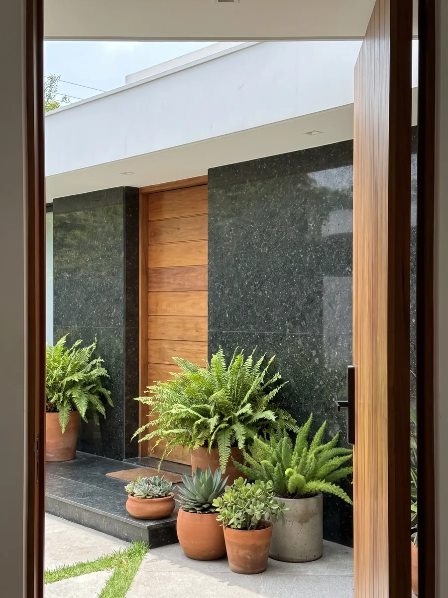 Fachada de casa revestida con Granito Verde Ubatuba junto a una puerta de madera: verde casi negro con destellos de verde claro y dorado