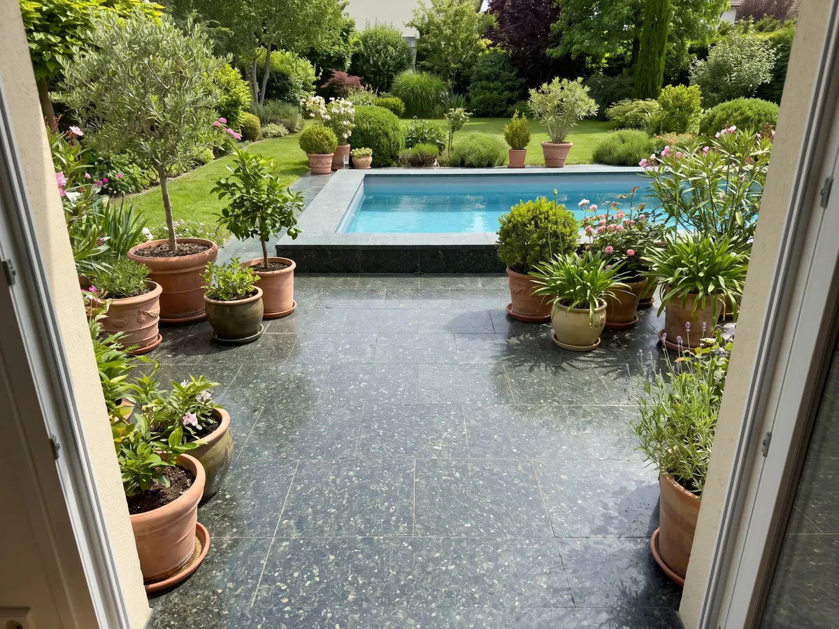 Piso de terraza y borde de piscina en Granito Verde Ubatuba con macetas: verde casi negro con destellos de verde claro y dorado