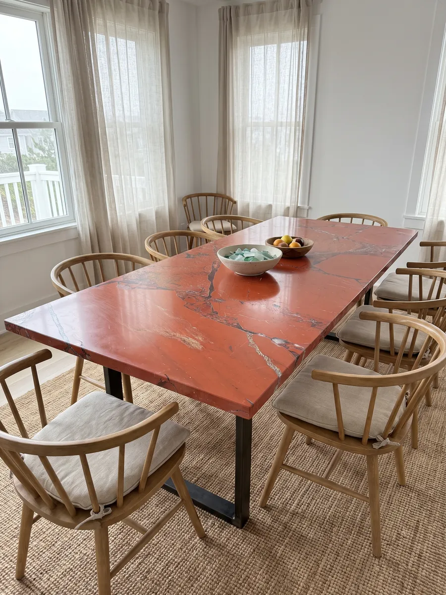 Mesa de comedor con cubierta de Jaspe Rojo sobre base de acero: rojo anaranjado intenso en piezas grandes con juntas grises finas