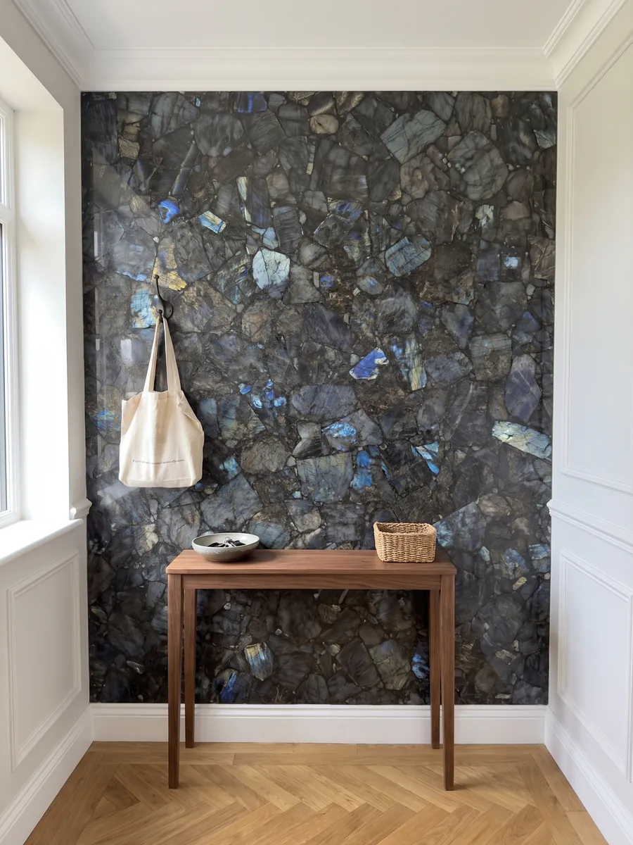 Pared de recibidor revestida con Labradorita con consola estrecha: piezas gris oscuro con destellos azules iridiscentes repartidos