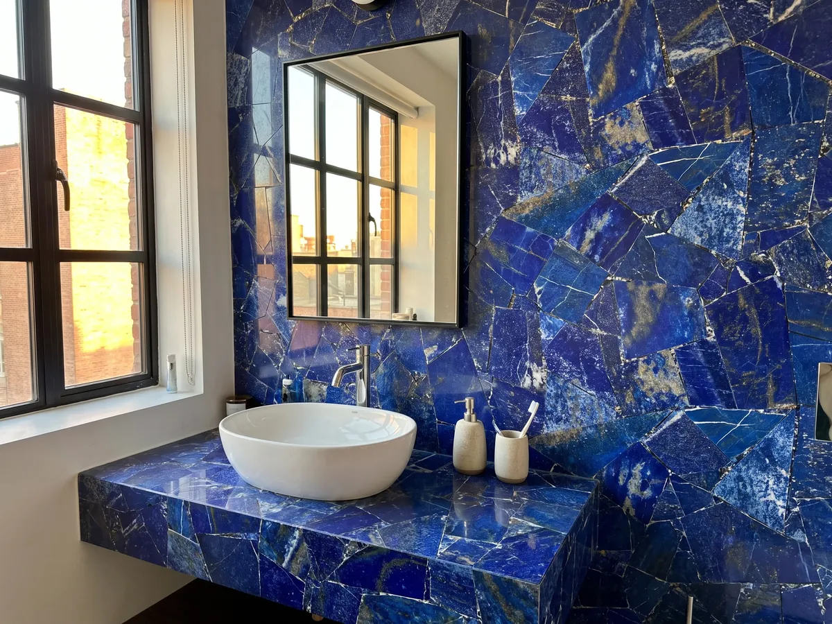 Cubierta de lavabo y pared de baño en Lapislázuli con lavamanos blanco y grifería cromada: azul ultramar intenso en piezas angulosas con motas blancas y doradas