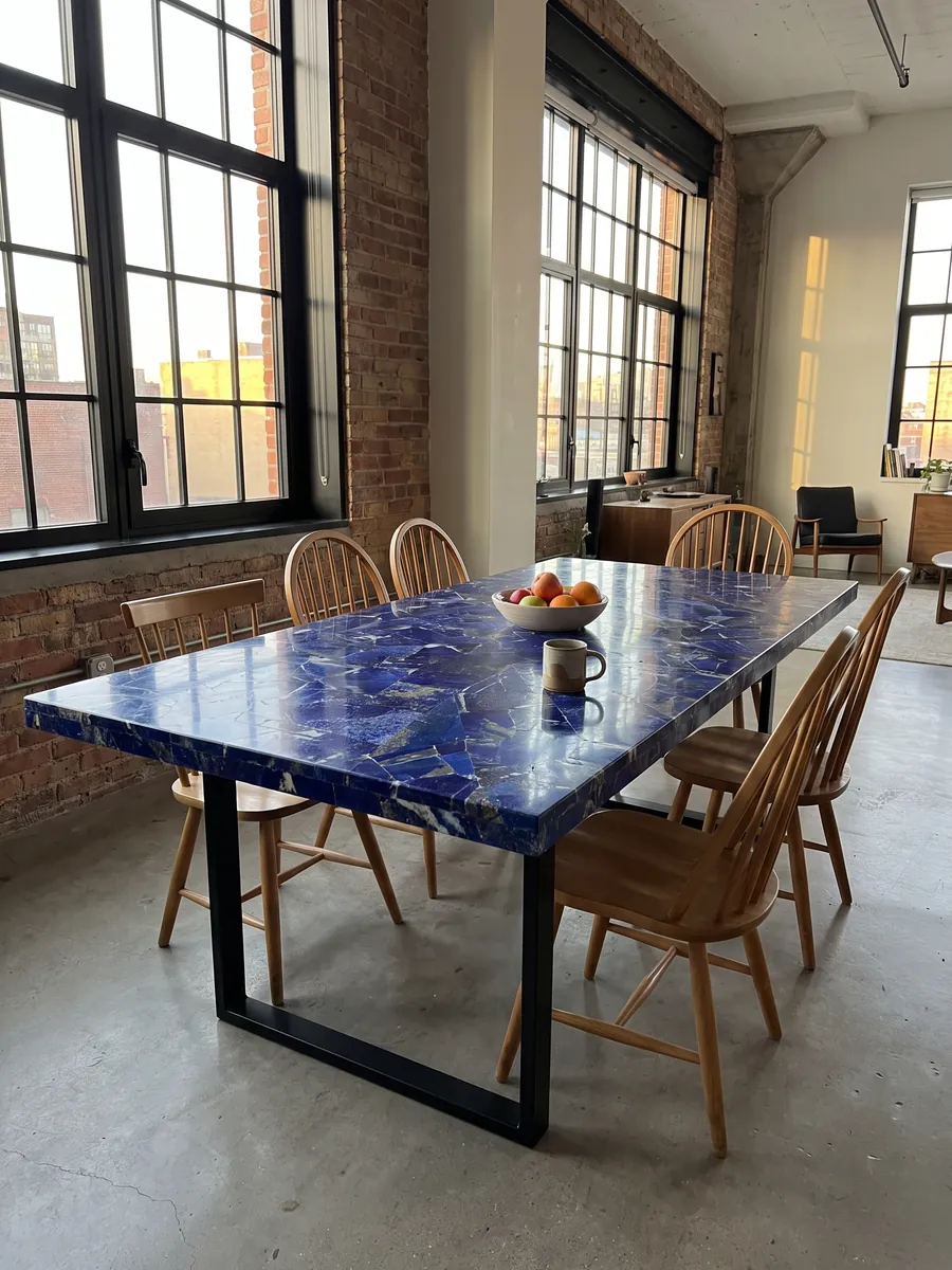 Mesa de comedor con cubierta de Lapislázuli sobre base de acero: azul ultramar intenso en piezas angulosas con motas blancas y doradas