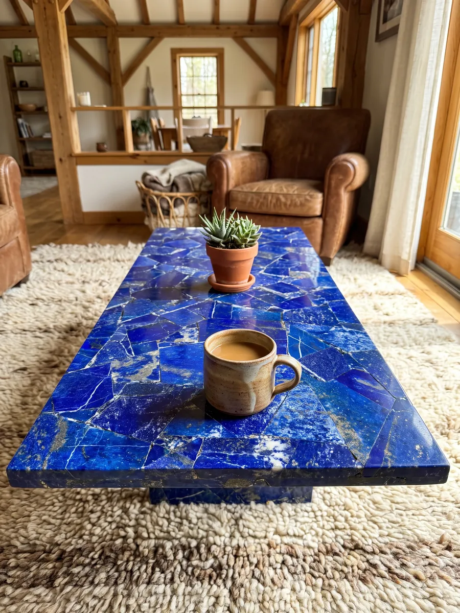 Mesa de centro con cubierta de Lapislázuli en una sala: azul ultramar intenso en piezas angulosas con motas blancas y doradas