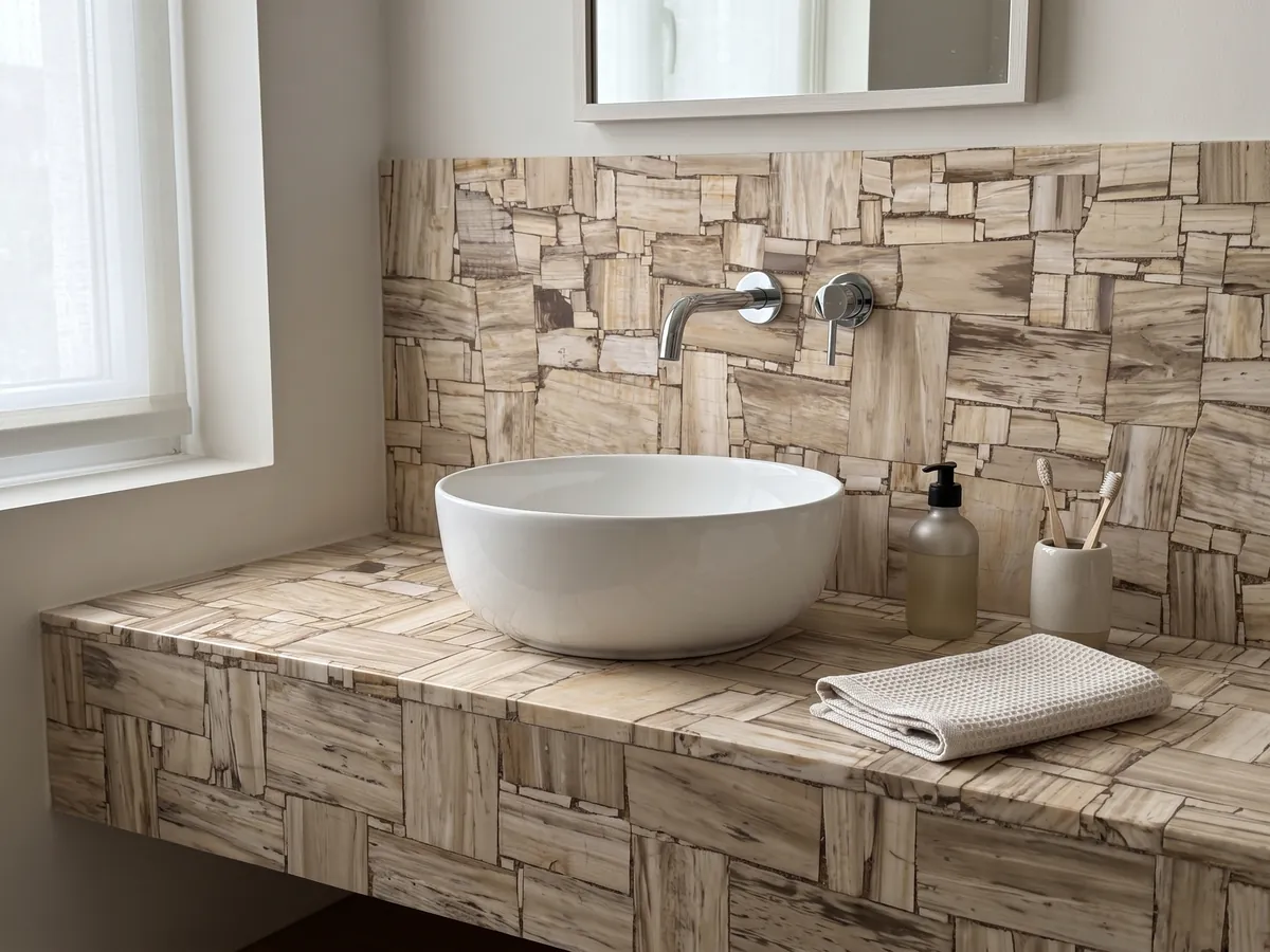Cubierta de lavabo y pared de baño en Madera Petrificada Blanca, Corte Inverso con lavamanos blanco y grifería cromada: rectángulos de madera petrificada beige con la fibra visible, como un parqué