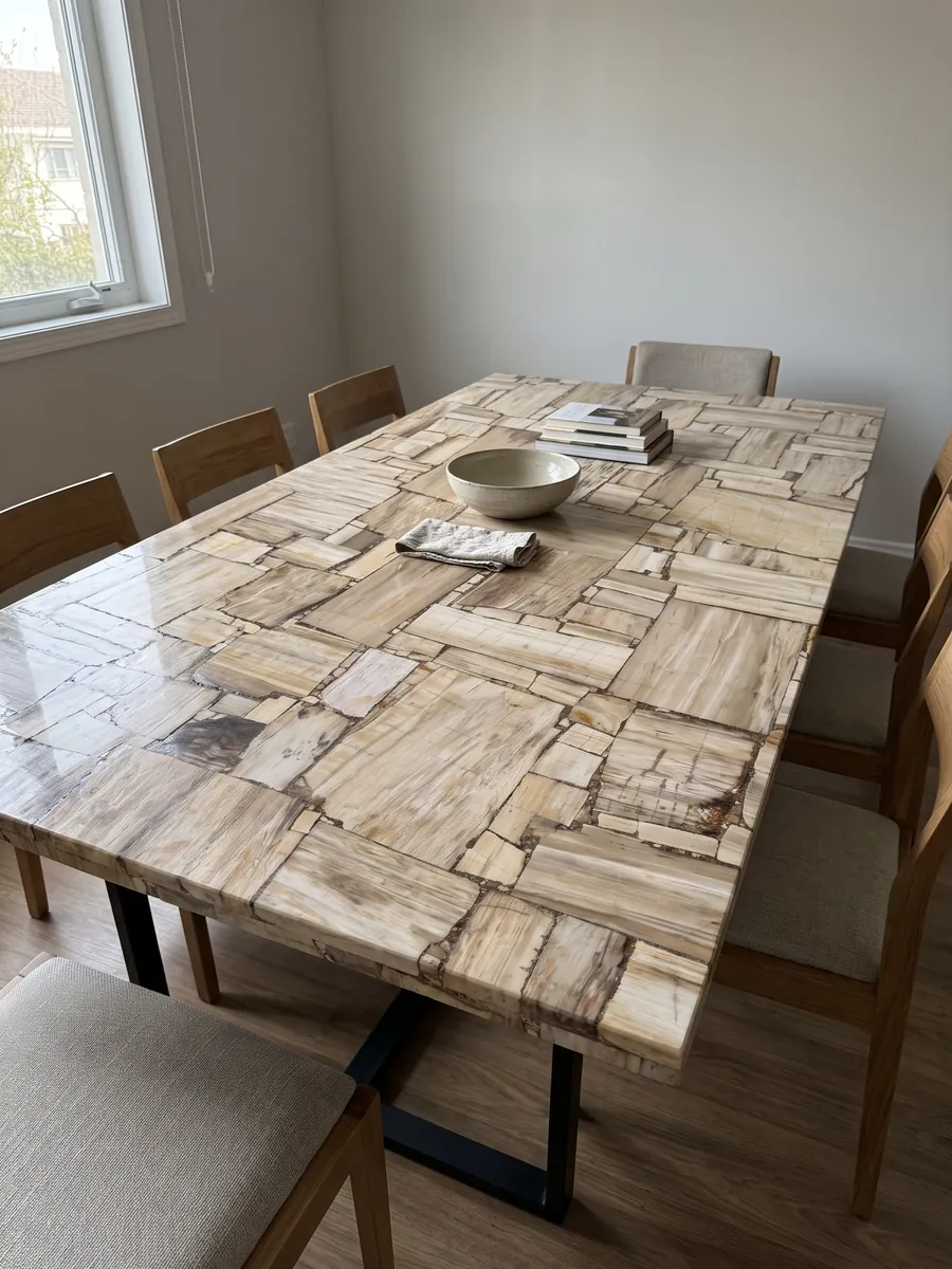Mesa de comedor con cubierta de Madera Petrificada Blanca, Corte Inverso sobre base de acero: rectángulos de madera petrificada beige con la fibra visible, como un parqué