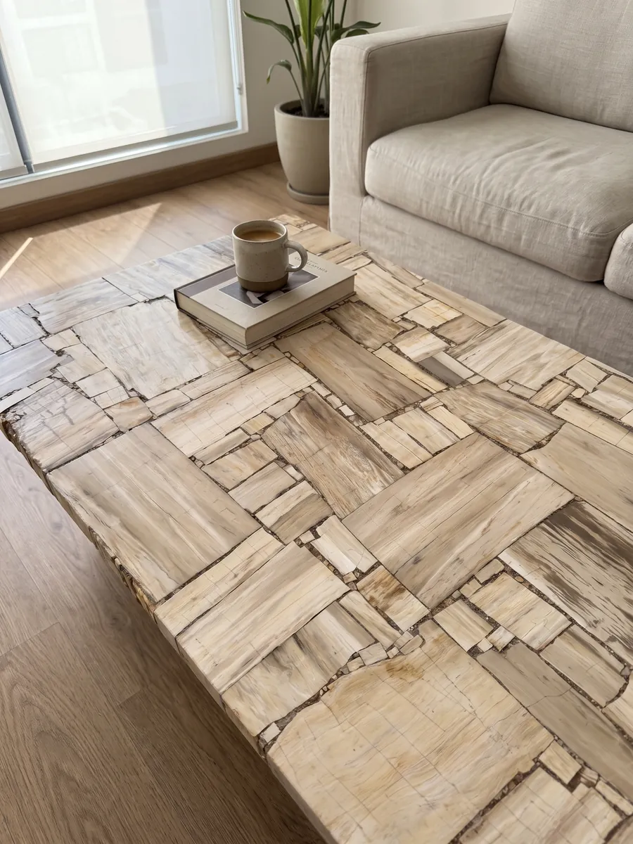 Mesa de centro con cubierta de Madera Petrificada Blanca, Corte Inverso en una sala: rectángulos de madera petrificada beige con la fibra visible, como un parqué
