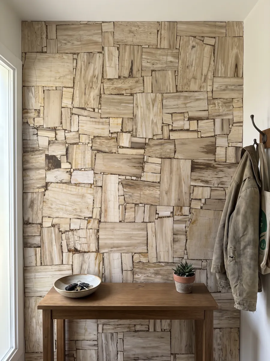 Pared de recibidor revestida con Madera Petrificada Blanca, Corte Inverso con consola estrecha: rectángulos de madera petrificada beige con la fibra visible, como un parqué