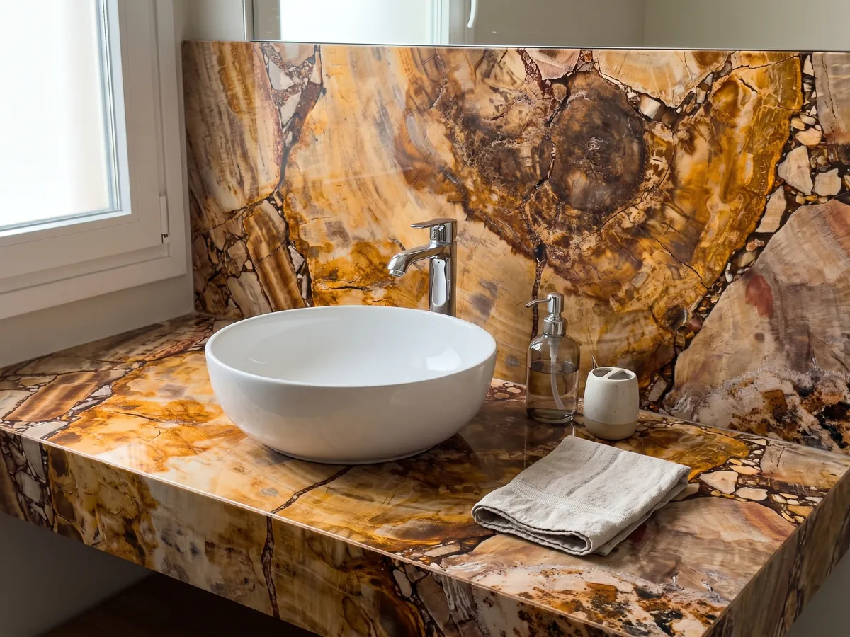 Cubierta de lavabo y pared de baño en Madera Petrificada Marrón con lavamanos blanco y grifería cromada: corte de tronco petrificado con anillos visibles en ocre y naranja y centro marrón