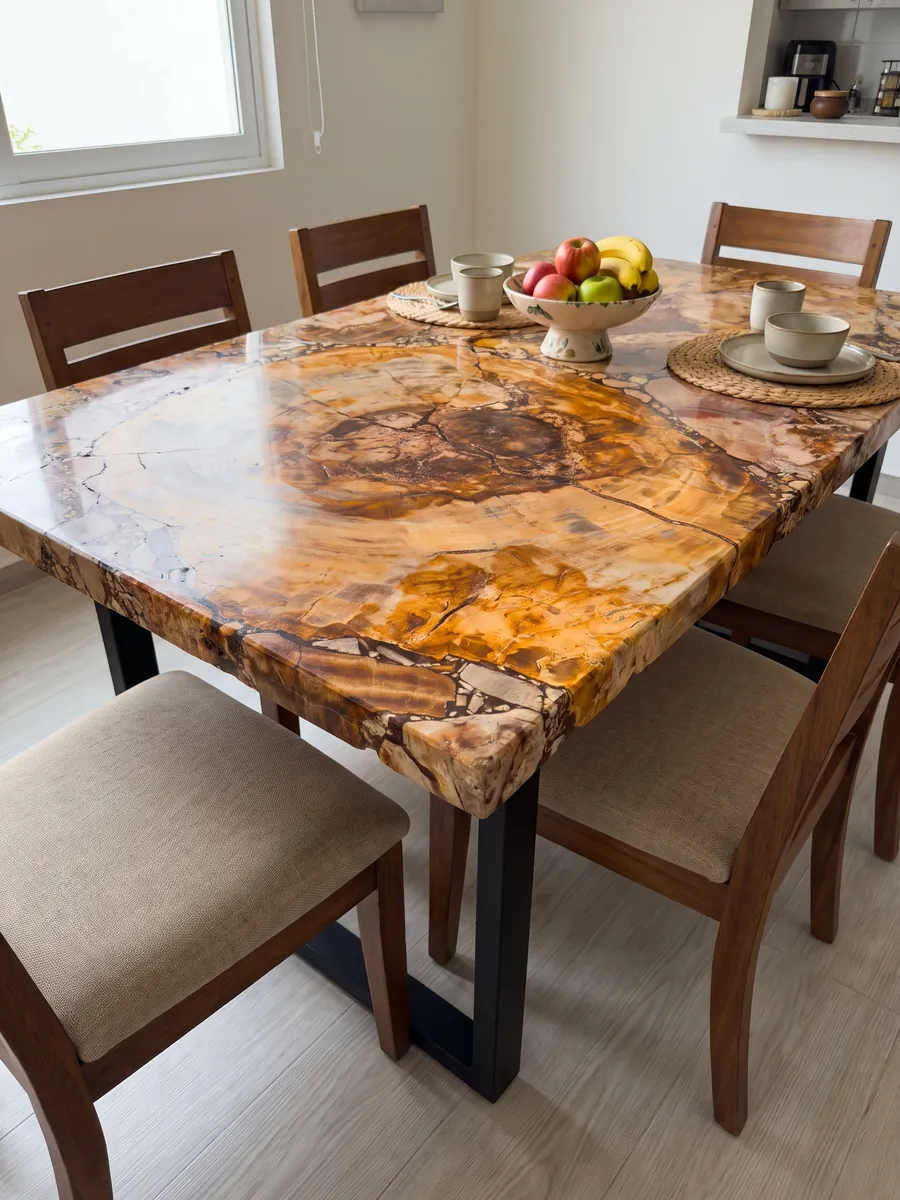 Mesa de comedor con cubierta de Madera Petrificada Marrón sobre base de acero: corte de tronco petrificado con anillos visibles en ocre y naranja y centro marrón