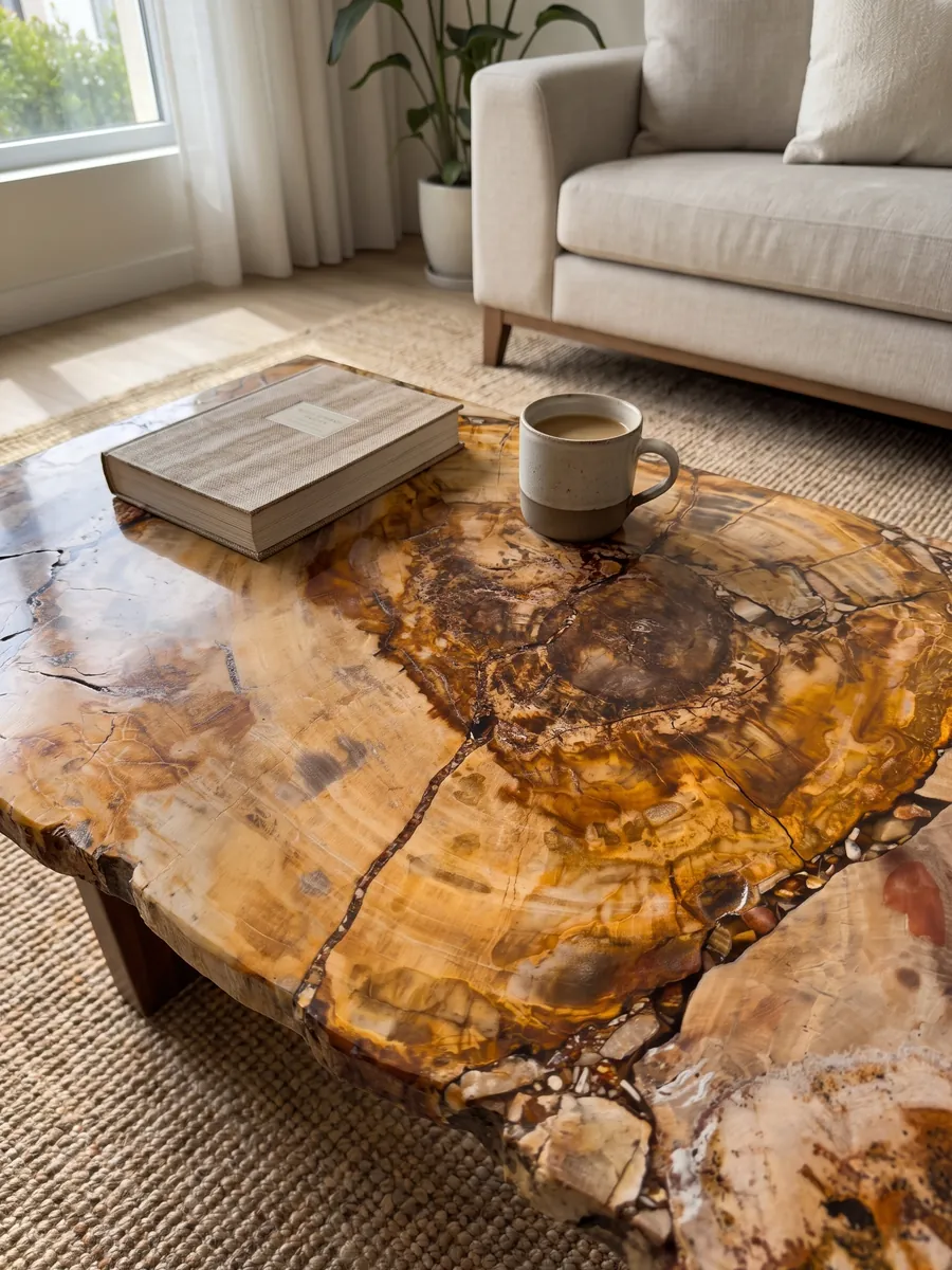 Mesa de centro con cubierta de Madera Petrificada Marrón en una sala: corte de tronco petrificado con anillos visibles en ocre y naranja y centro marrón