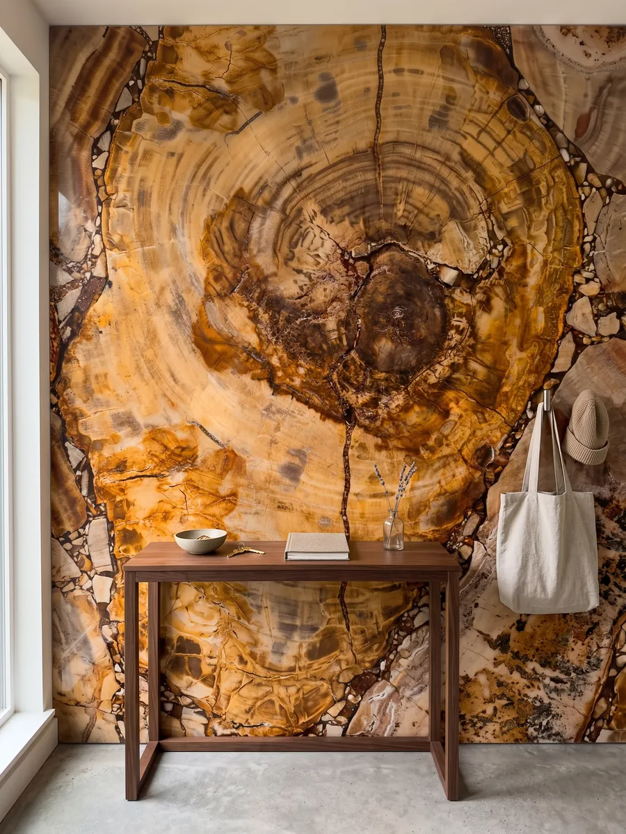 Pared de recibidor revestida con Madera Petrificada Marrón con consola estrecha: corte de tronco petrificado con anillos visibles en ocre y naranja y centro marrón