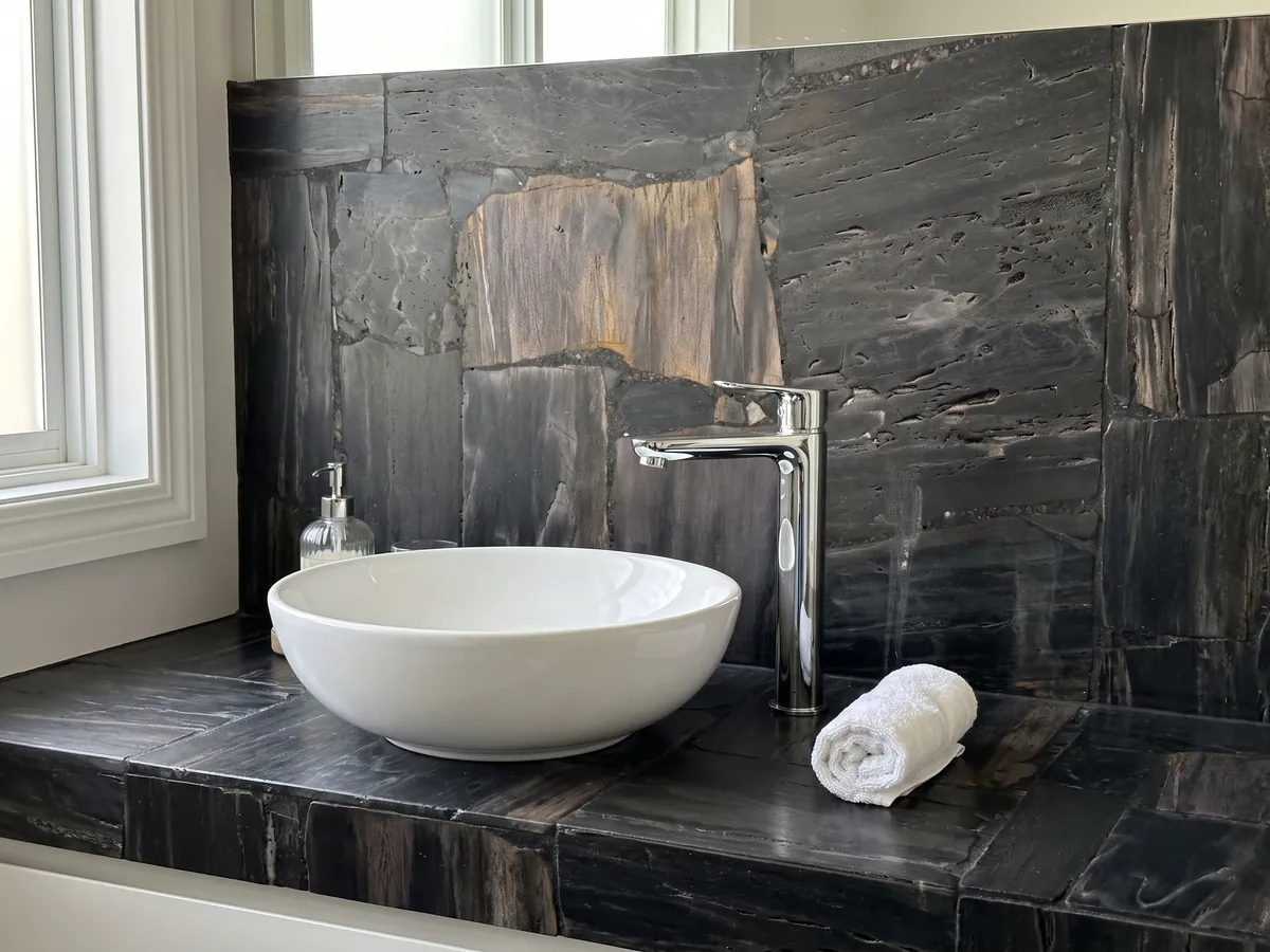 Cubierta de lavabo y pared de baño en Madera Petrificada Negra, Corte Inverso: piezas oscuras de madera petrificada con fibras visibles y un bloque marrón grisáceo al centro