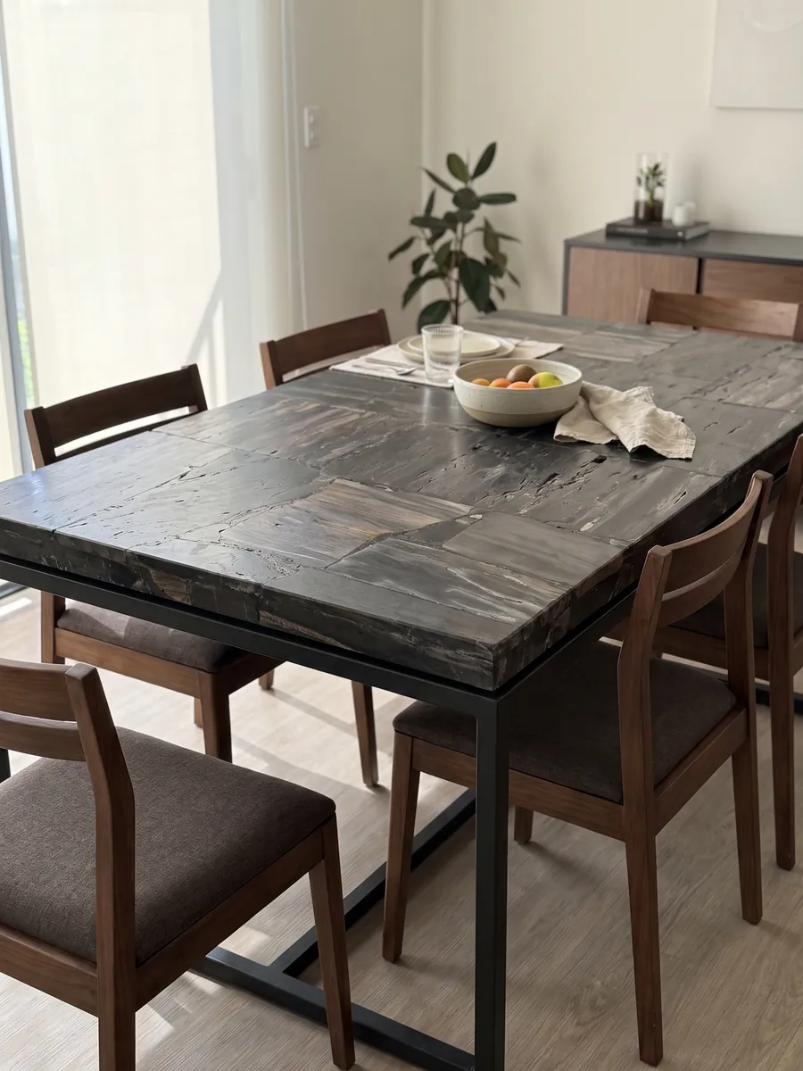 Mesa de comedor con cubierta de Madera Petrificada Negra, Corte Inverso sobre base de acero: piezas oscuras de madera petrificada con fibras visibles y un bloque marrón grisáceo al centro